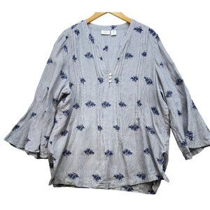 Antibes Blanc Womens Striped V-Neck Linen Top Blouse 1X Blue & White Floral Embr